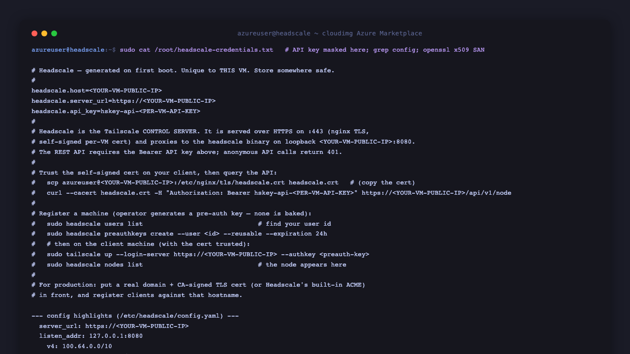 The per instance headscale-credentials.txt file showing the control server URL over HTTPS and the per instance API key generated on first boot, with quick start commands for querying the API and registering a node