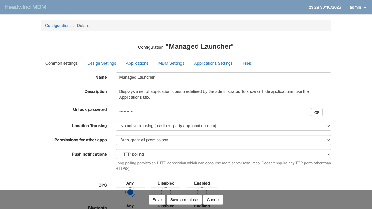 A configuration's settings