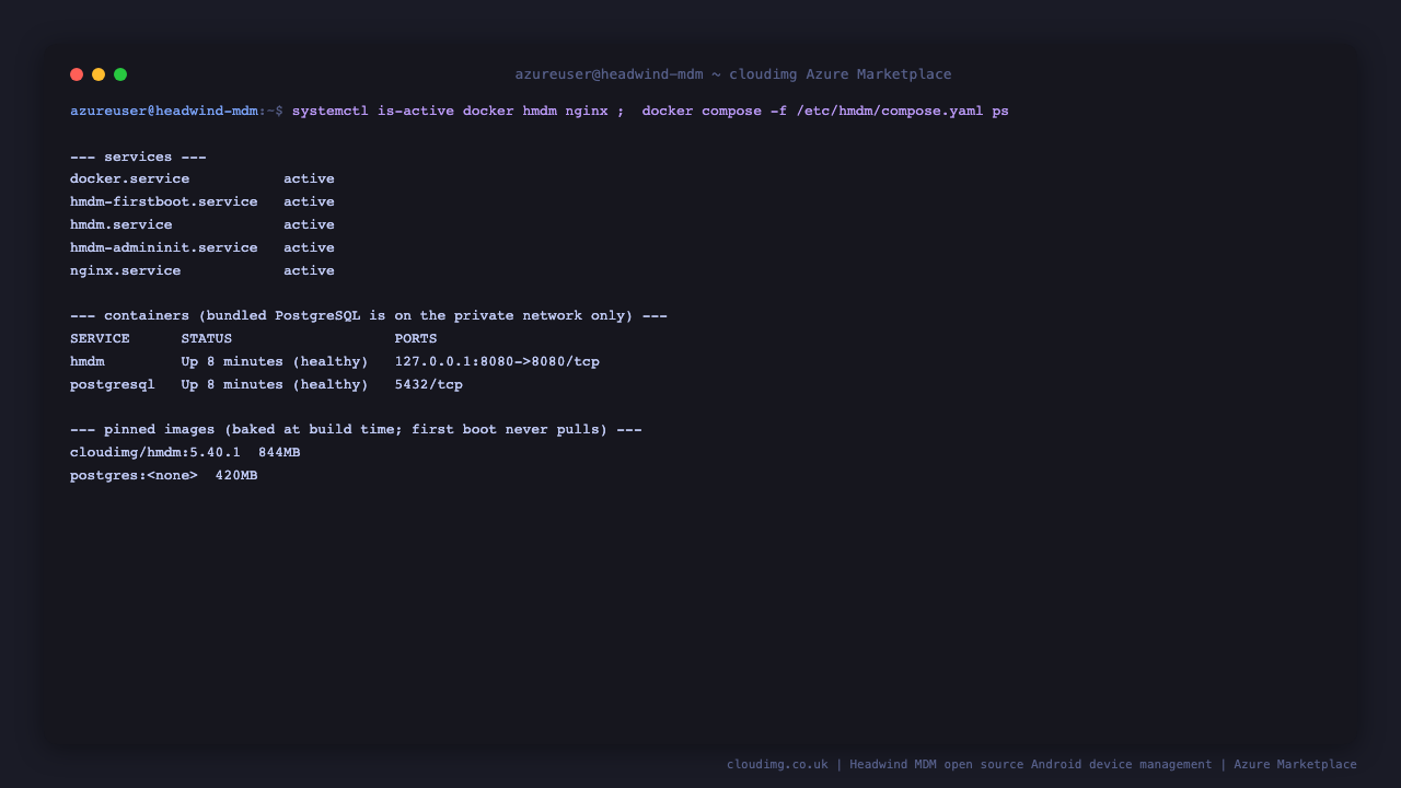The five Headwind MDM services active, both containers healthy, and the pinned application and database images baked into the image