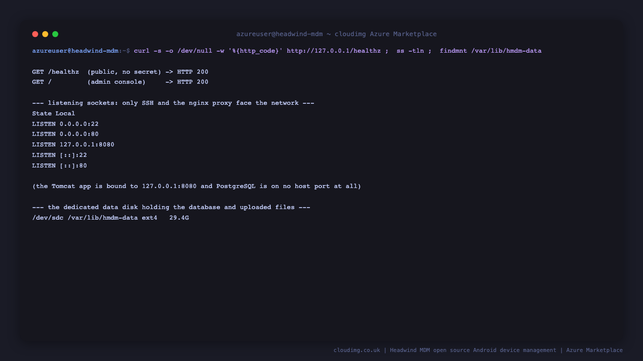 The health endpoint and admin console both returning HTTP 200, only SSH and nginx facing the network, and the dedicated data disk mounted at /var/lib/hmdm-data