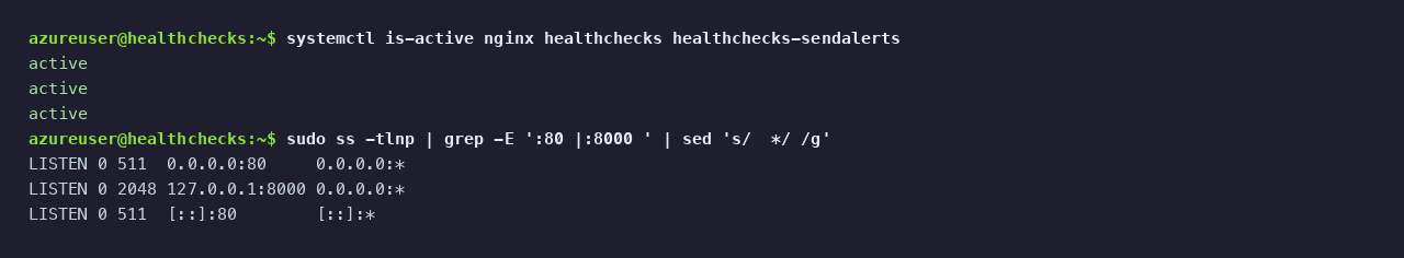 The nginx, healthchecks and healthchecks-sendalerts services active, with nginx on port 80 and the gunicorn application server bound to loopback 127.0.0.1:8000
