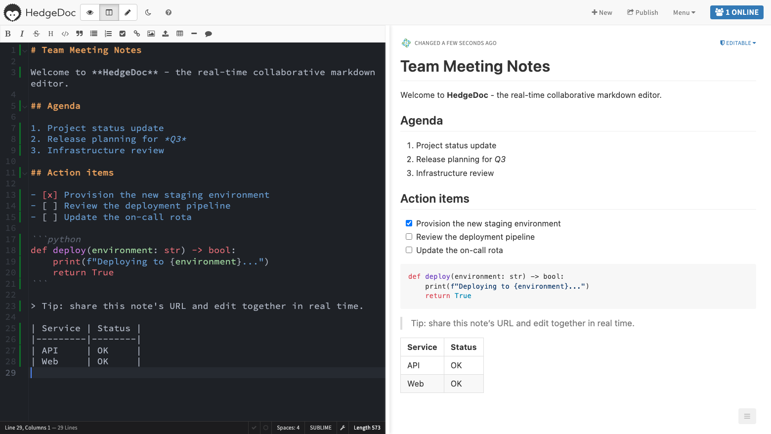 The HedgeDoc split-pane editor with live rendered markdown preview