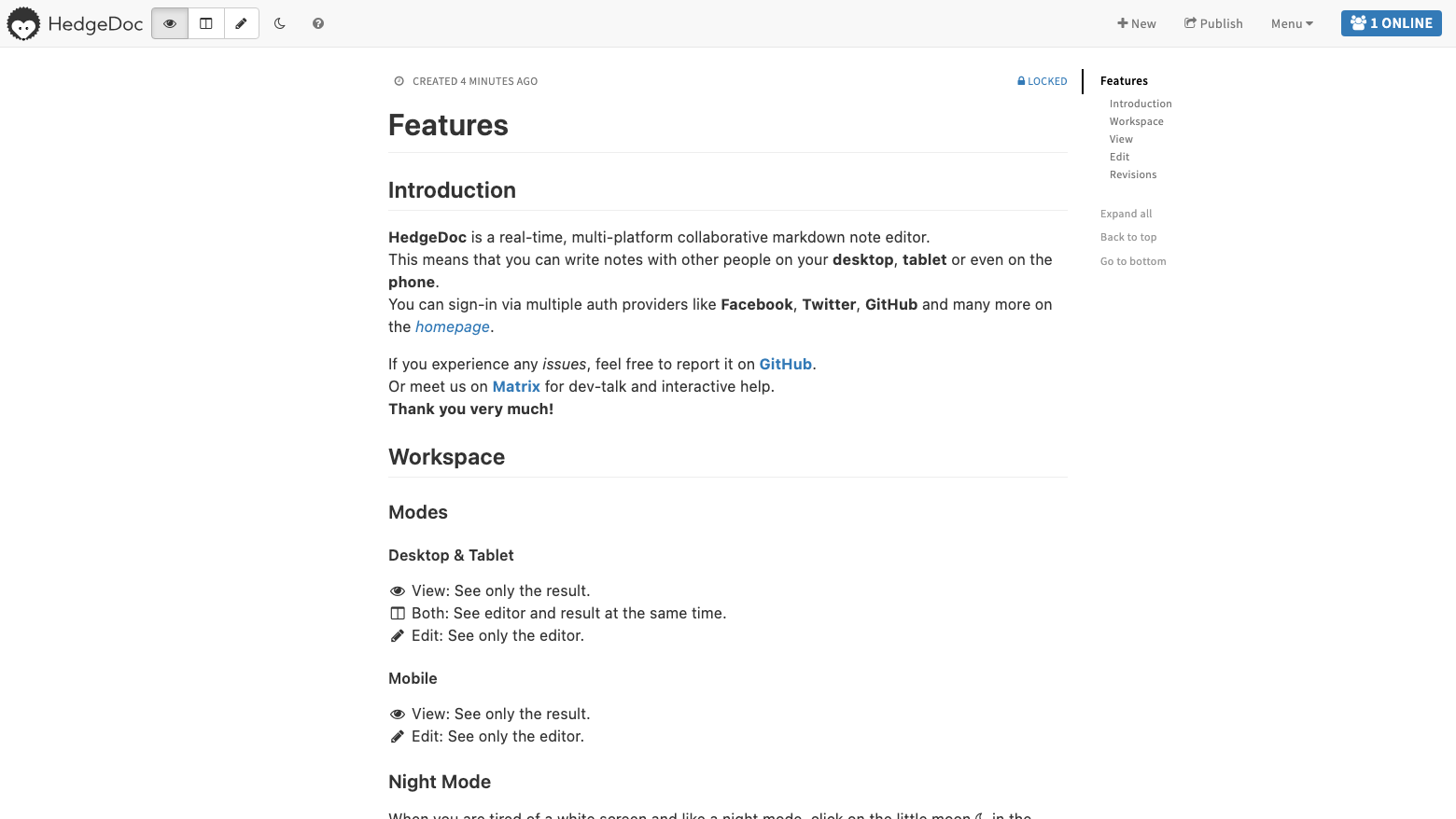 A published HedgeDoc note rendered as a document with navigation