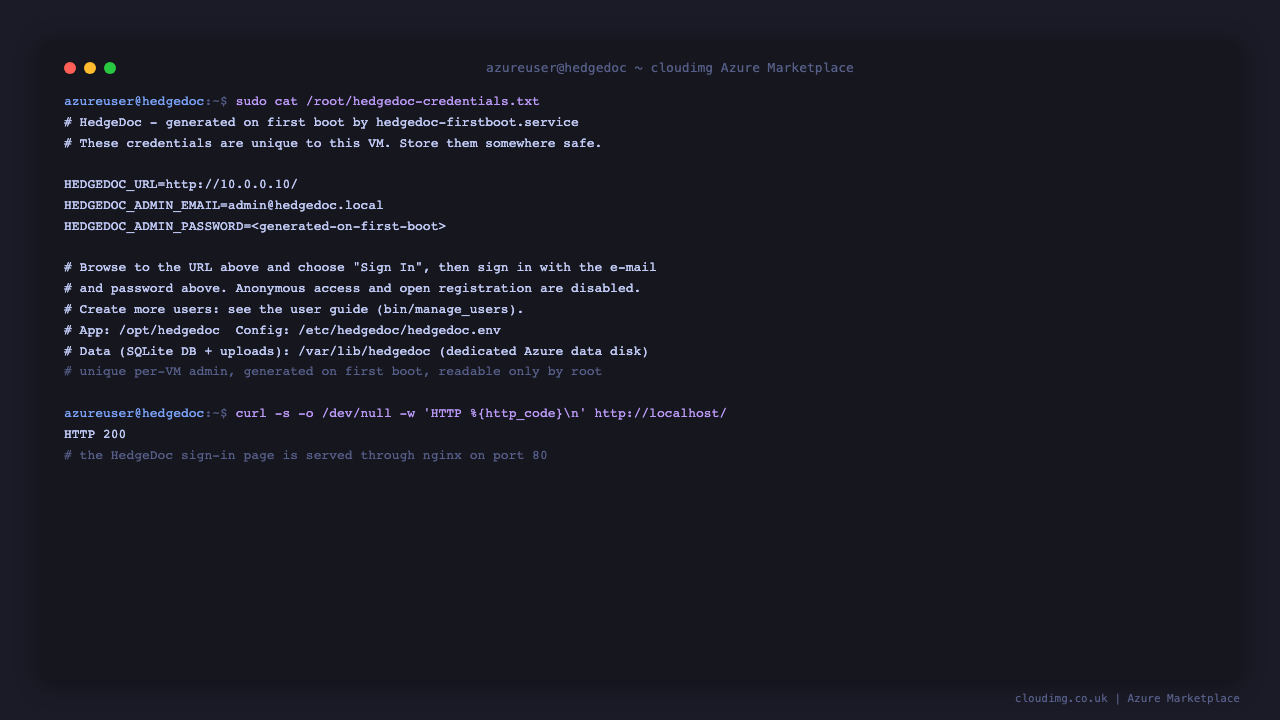 The per-VM admin credentials file and the HedgeDoc sign-in page returning HTTP 200 through nginx