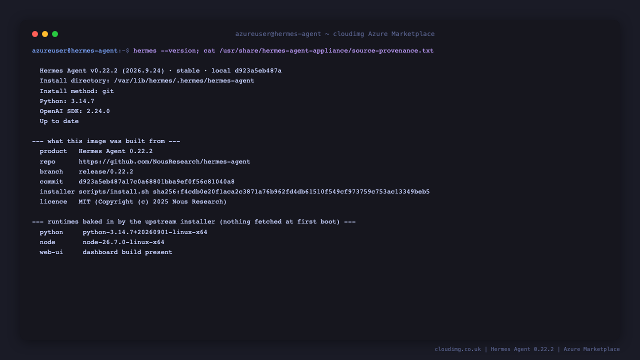 The installed Hermes Agent version, the upstream branch, commit and MIT licence this image was built from, and the pinned Python, Node.js and dashboard build baked into the image