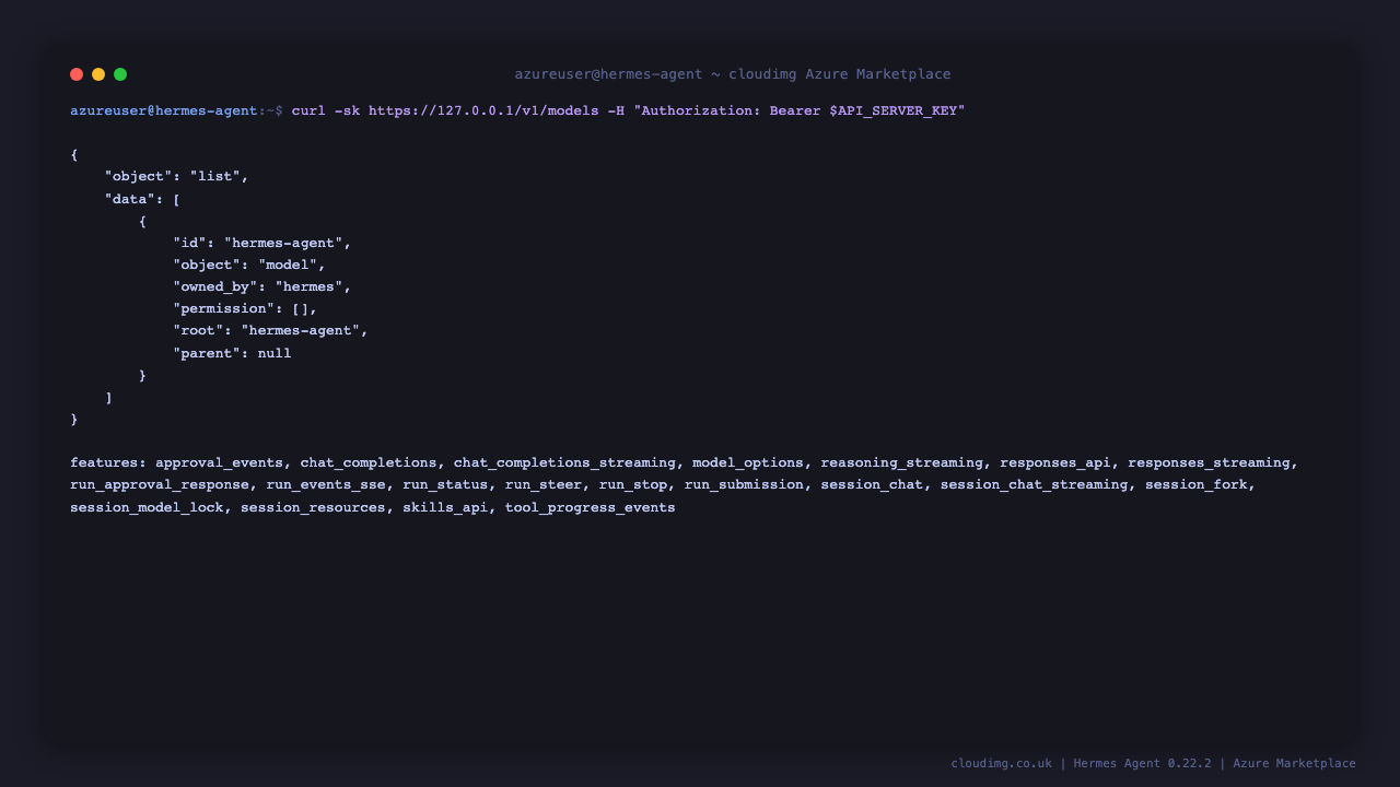 The API server listing the hermes-agent model and the features it supports, including chat completions, streaming, the Responses API and runs