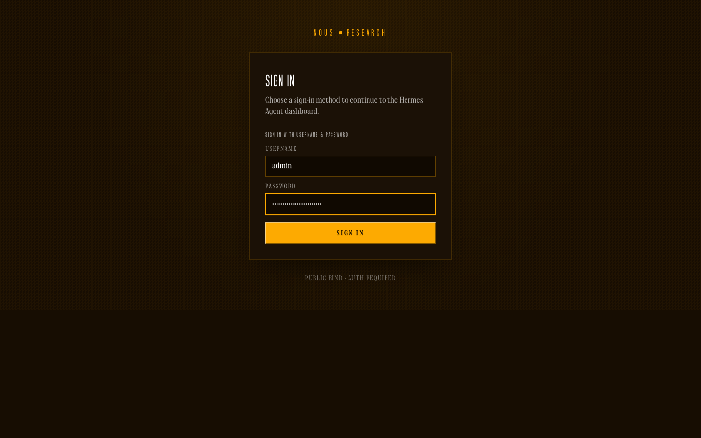 The Hermes Agent sign in page served over HTTPS by the appliance, with the admin username entered and the password masked