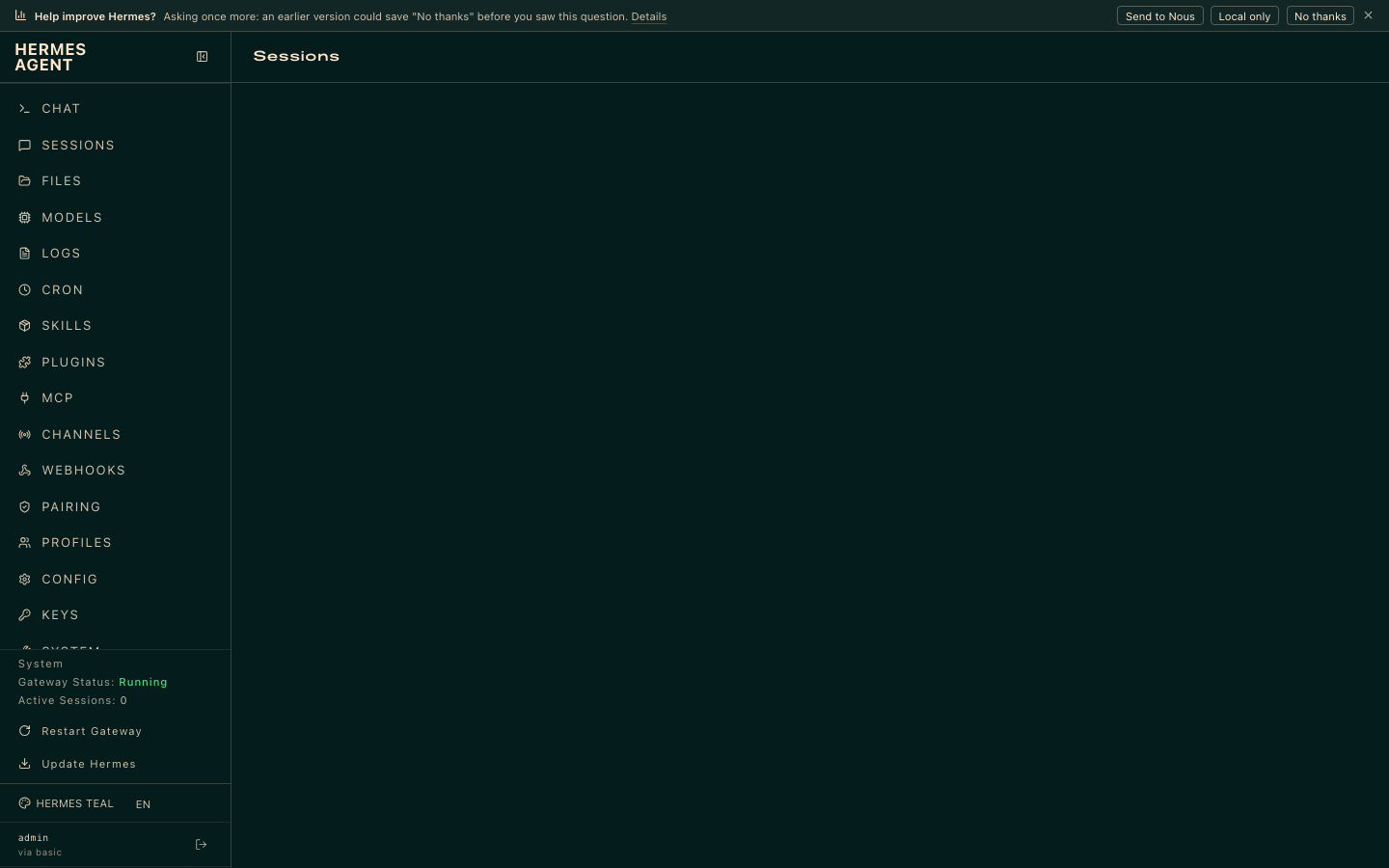 The Hermes Agent dashboard after signing in as admin, with the full navigation and the gateway status reported as running