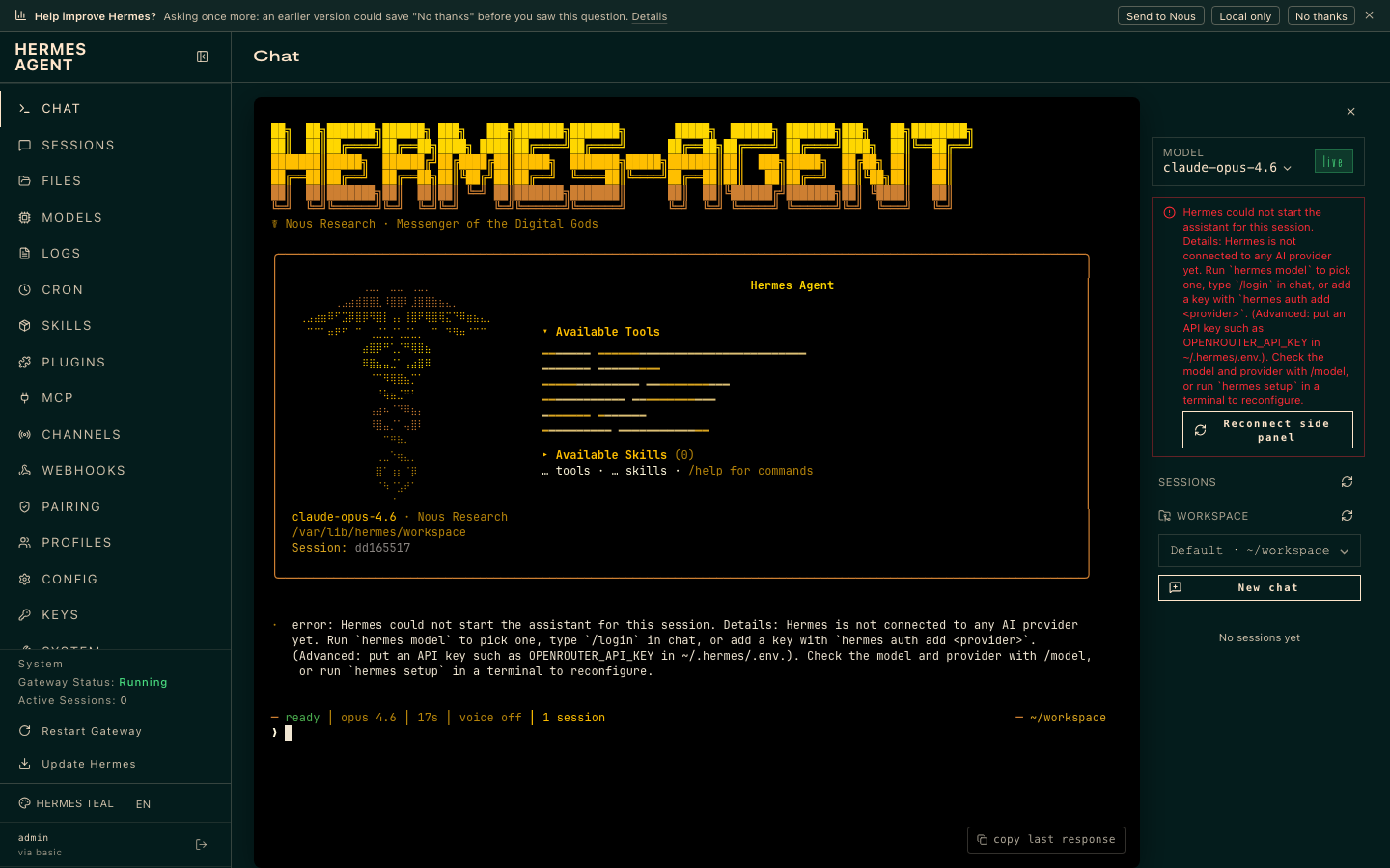 The dashboard Chat tab running the Hermes terminal interface in the browser, showing the agent banner, its tools and the workspace directory; before a provider is connected it explains how to add one