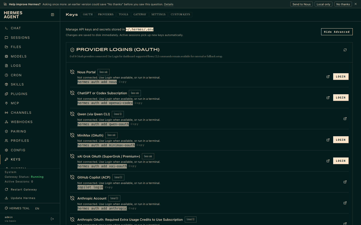 The Keys page of the dashboard, where provider sign ins and model provider API keys are managed, stored in the agent's private environment file, with every provider shown as not yet connected