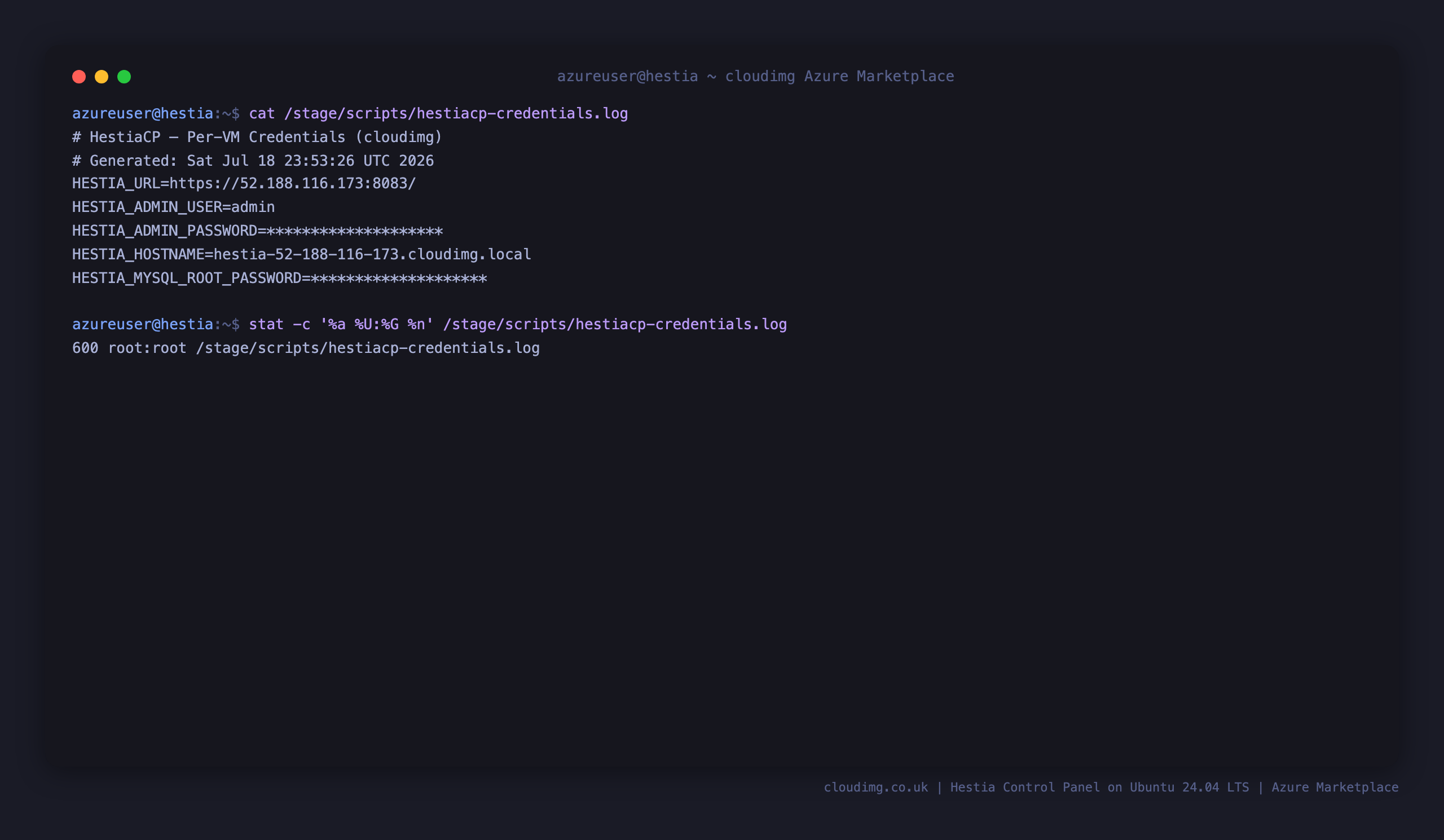 The per-VM credentials file with passwords masked, showing 0600 root:root permissions