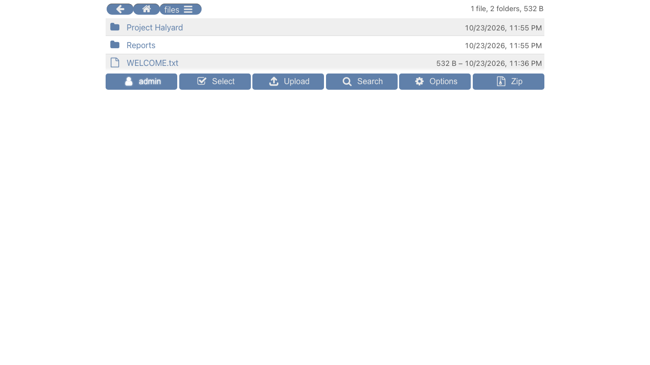 The files folder listing two folders and WELCOME.txt, with the Select, Upload, Search, Options and Zip buttons, signed in as admin