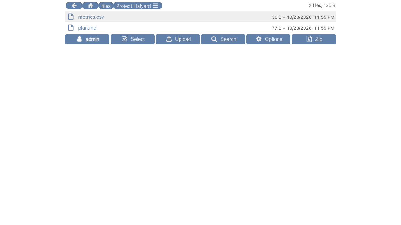 The contents of the Project Halyard folder: a CSV file and a Markdown file with their sizes and dates