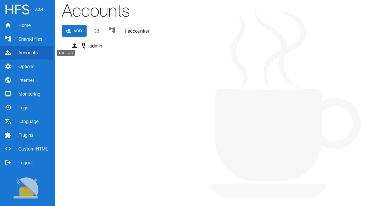 The Accounts page listing the single admin account and the Add button