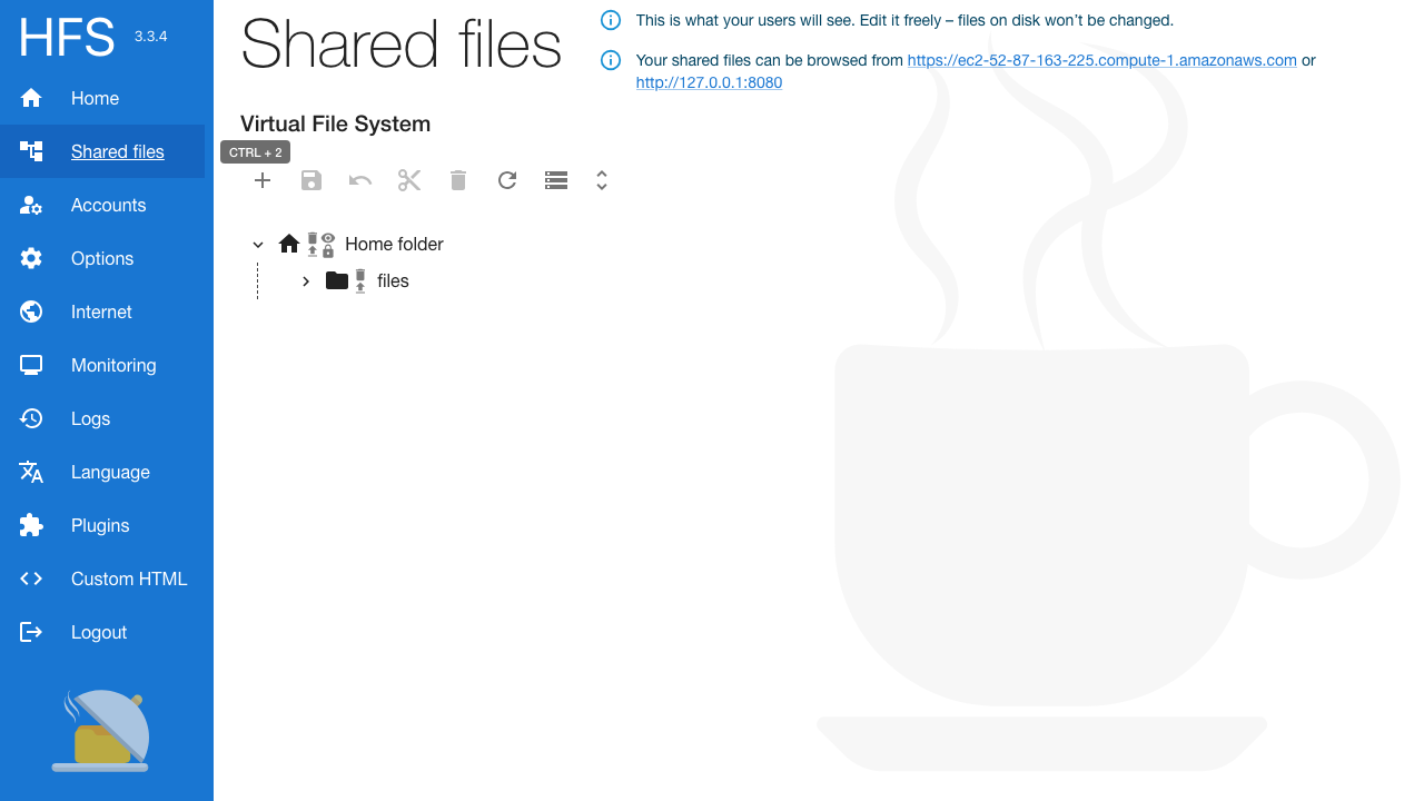 The Shared files page showing the Home folder and the files folder in the virtual file system