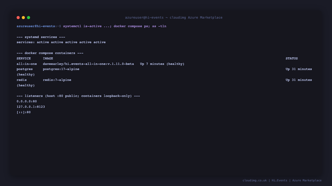 The docker, hi-events, nginx, firstboot and postboot services all active, and the three compose containers (Hi.Events all in one, PostgreSQL and Redis) running and healthy