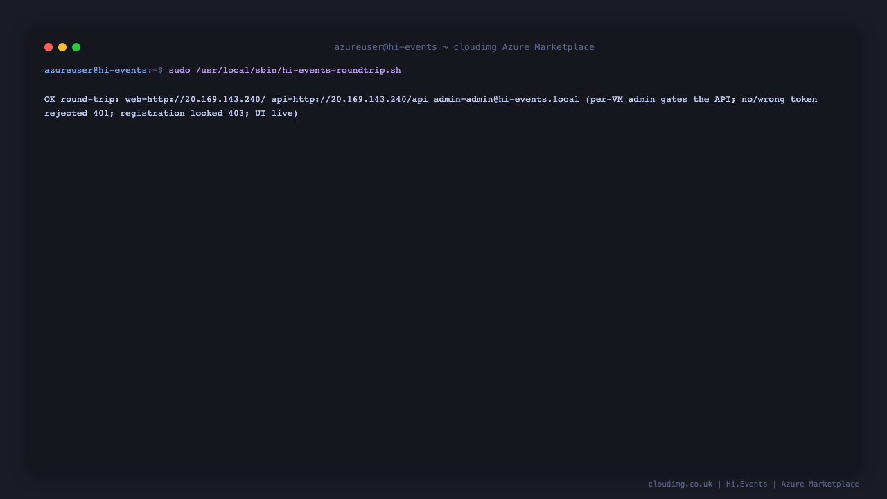 The bundled round trip script reporting OK: the frontend and API are live, no and wrong tokens are rejected with 401, open registration is locked, and the per instance admin credential authenticates a real API call