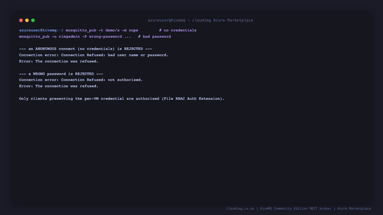 an anonymous mosquitto_pub is refused with Connection Refused bad user name or password, and a mosquitto_pub with a wrong password is refused with Connection Refused not authorised, proving only clients with the per VM credential are authorised