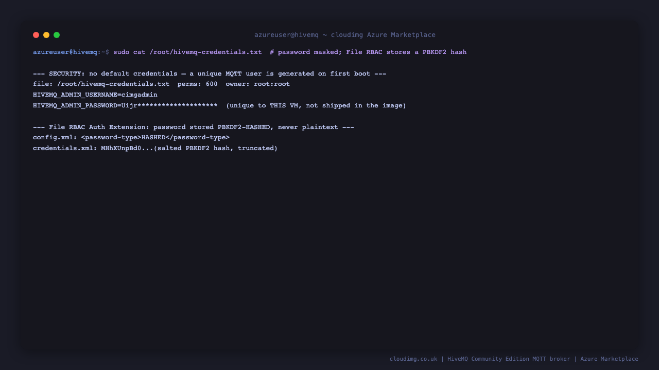 the credentials file is 0600 root root with the admin username shown and the password masked and noted as unique to this VM, the extension config shows password-type HASHED, and the credentials file stores a salted PBKDF2 hash rather than a plaintext password