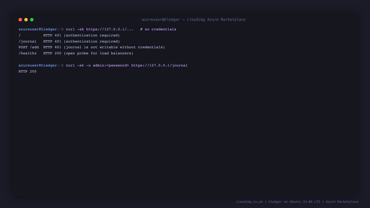 Terminal output showing unauthenticated requests to slash and slash journal each returning HTTP 401 authentication required, a POST to slash add returning HTTP 401 journal is not writable without credentials, slash healthz returning HTTP 200 as an open probe for load balancers, and an authenticated request to slash journal returning HTTP 200
