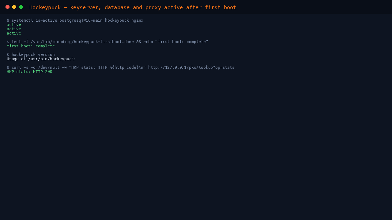 The PostgreSQL, Hockeypuck and nginx services all active after first boot, the first boot marker present, the built Hockeypuck version, and the HKP stats endpoint returning HTTP 200