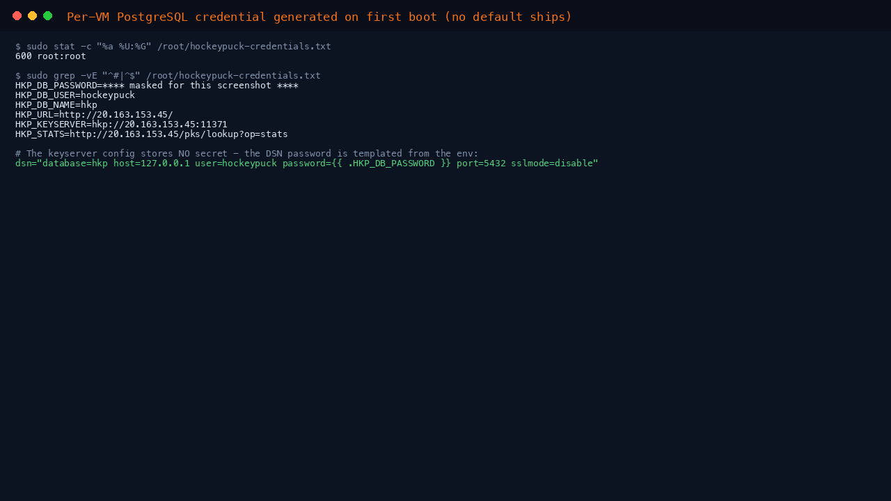 The credentials file at mode 600 root:root with the database password masked, the customer facing URLs carrying the VM's own public address, and the keyserver config templating the password from the environment rather than storing it