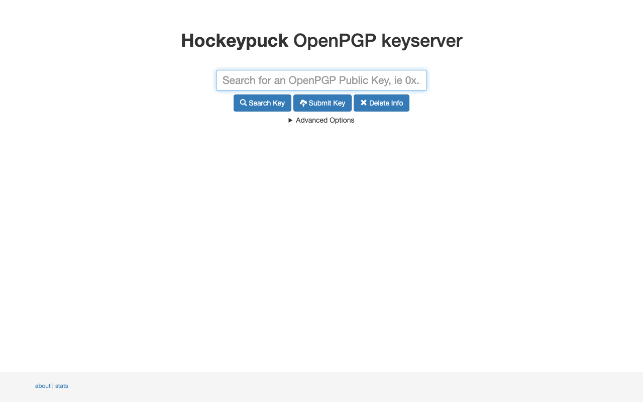 The Hockeypuck search page: a search box with the Search Key, Submit Key and Delete Info buttons