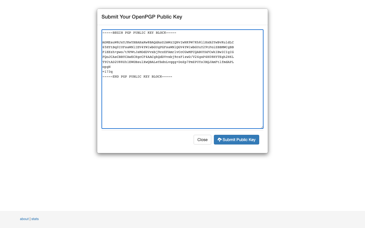 The Submit Your OpenPGP Public Key form with an armored public key pasted in