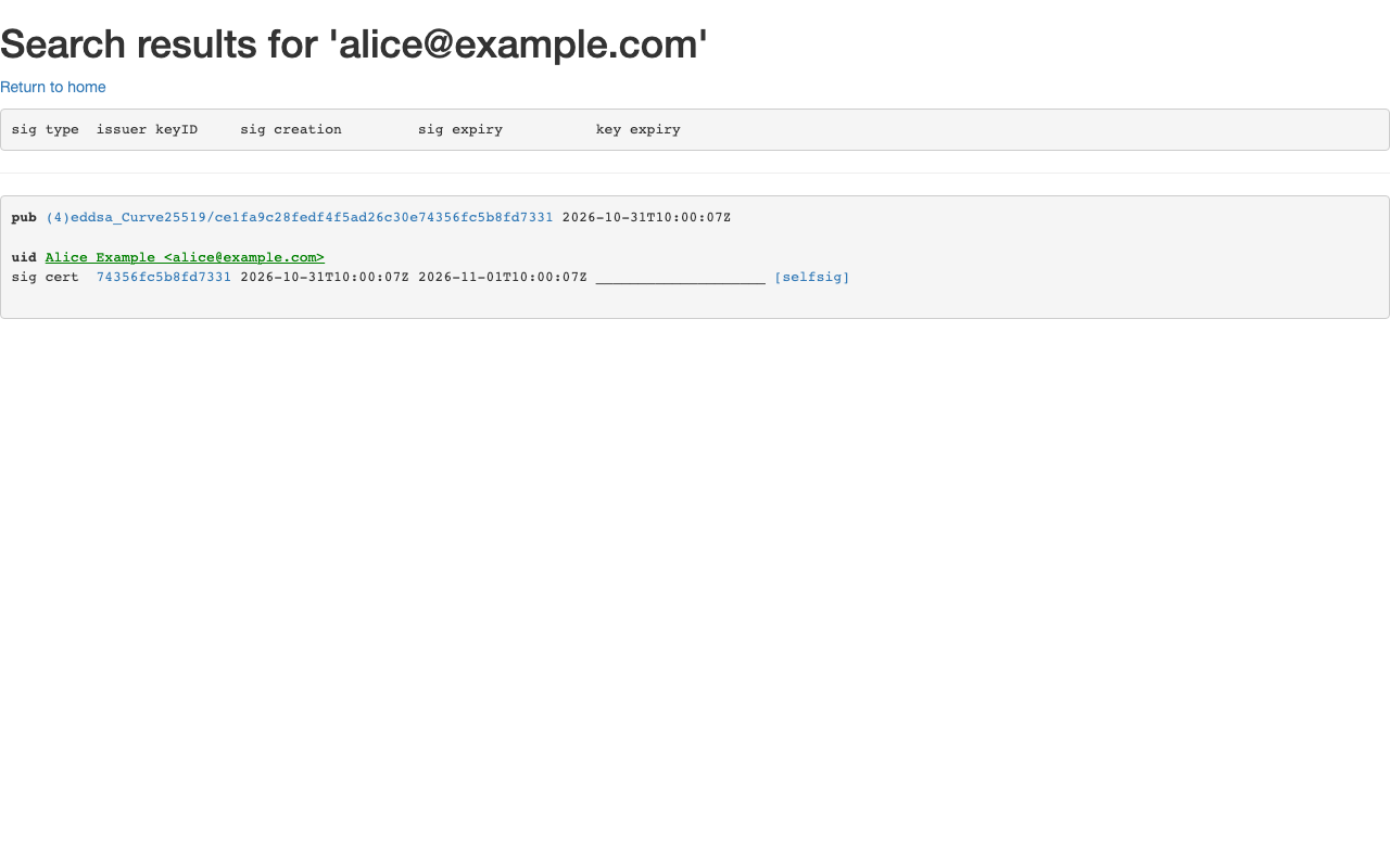 Search results for alice@example.com: the public key, its fingerprint, the user ID and its self-signature