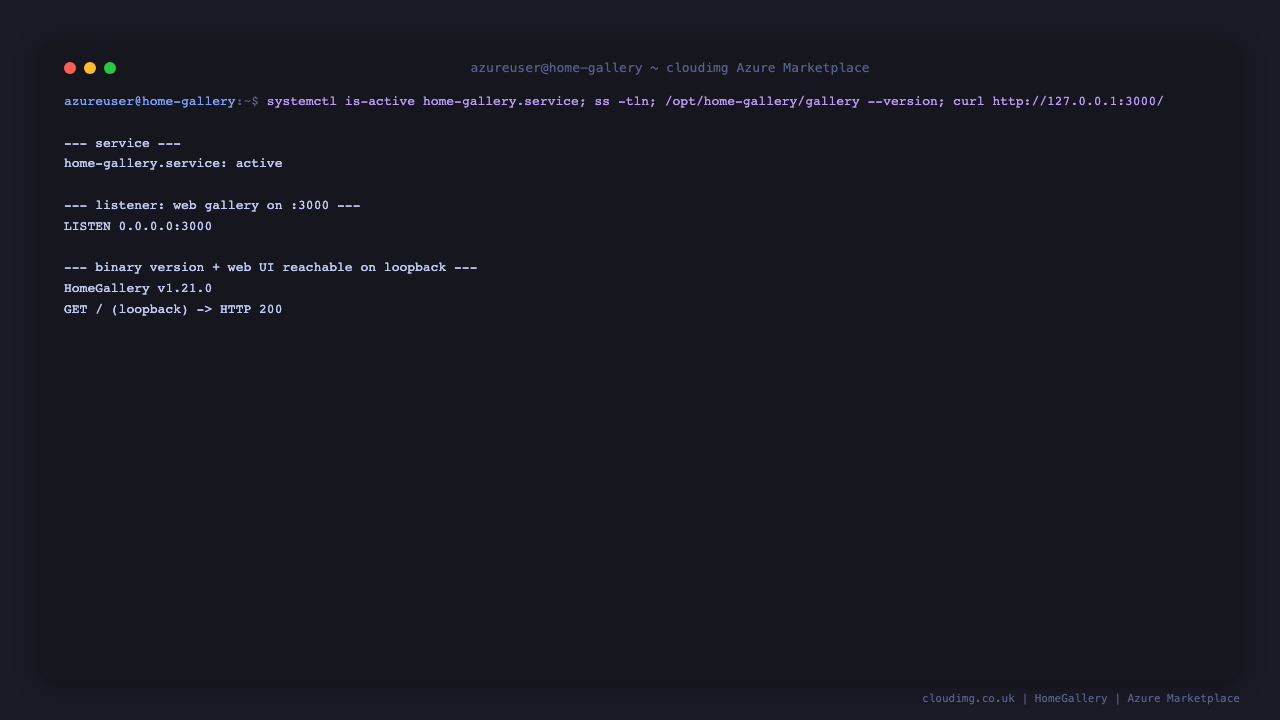 The home-gallery service reported active, HomeGallery listening on port 3000, the installed version, and the web UI returning HTTP 200 on loopback
