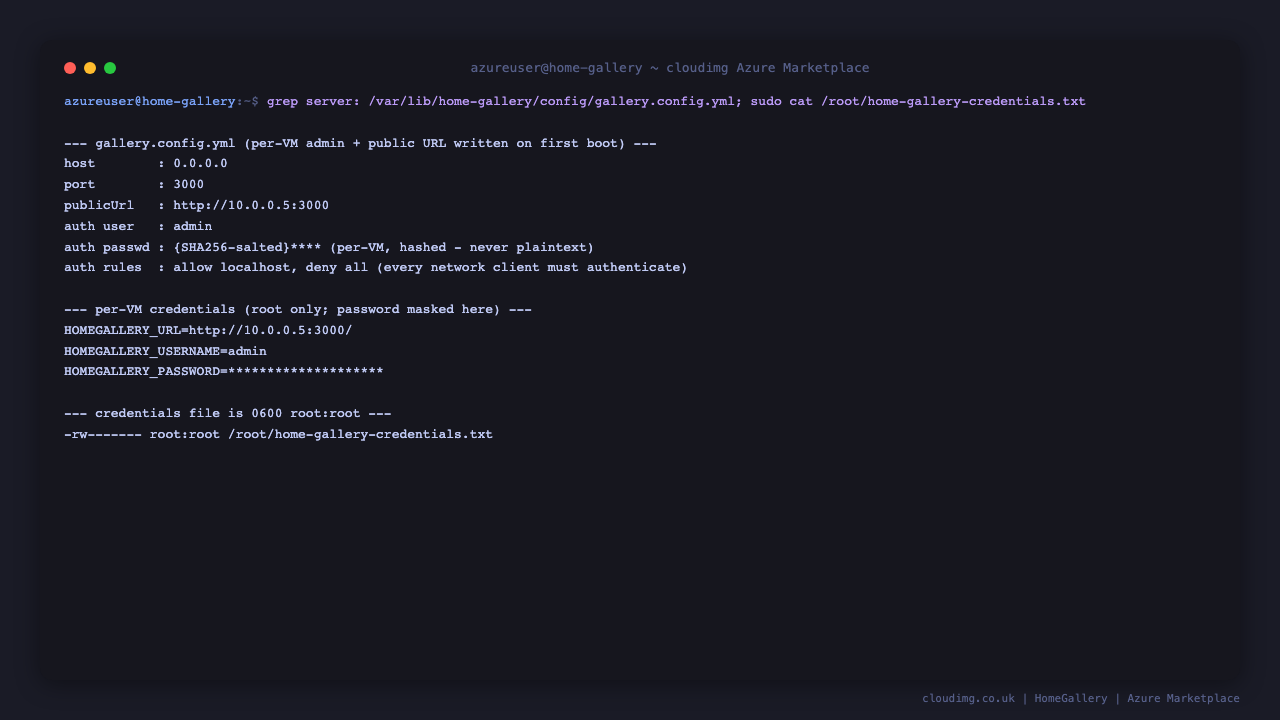 The per-VM HomeGallery configuration showing host, port, public URL and the admin user with a hashed password, and the root only credentials file with 0600 permissions