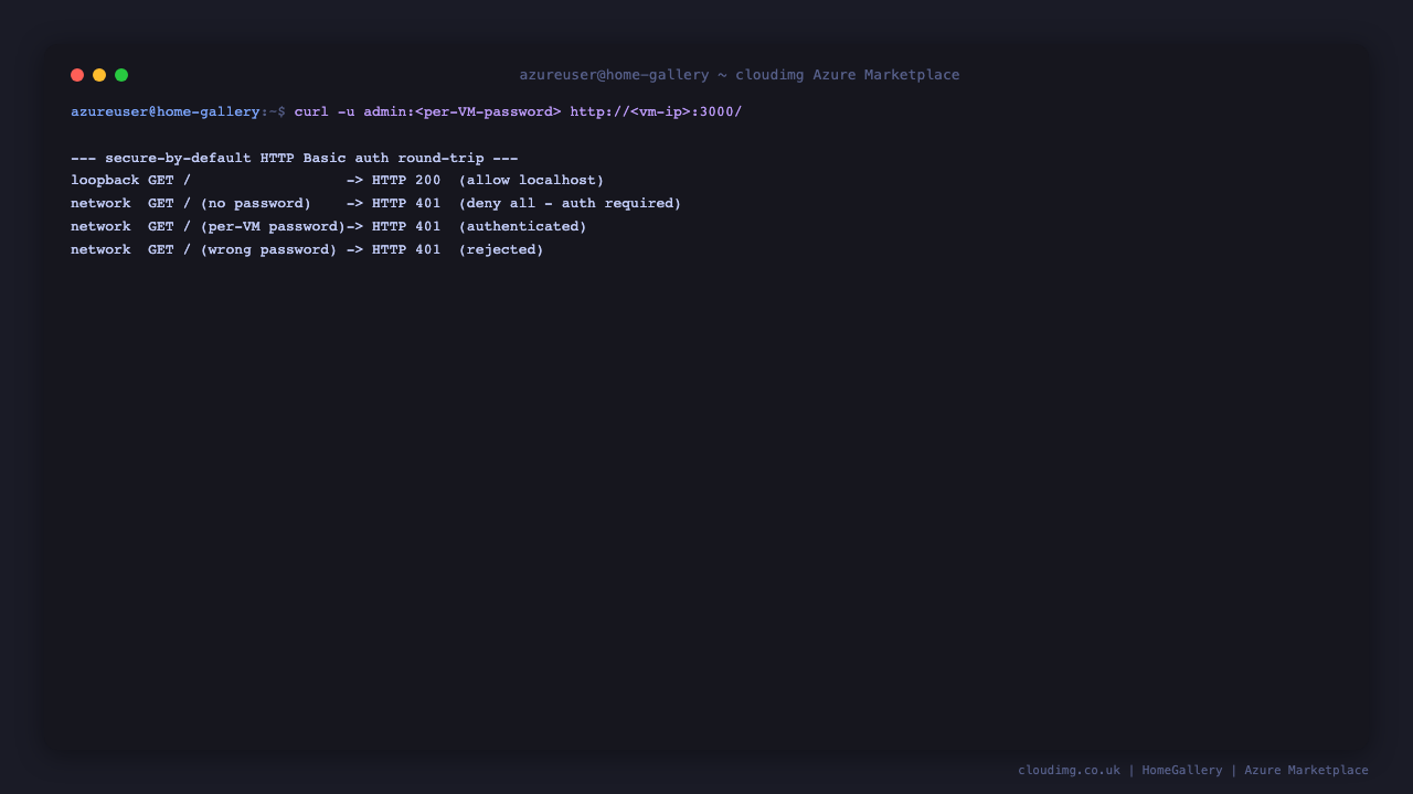 The secure by default HTTP Basic authentication round-trip: loopback returns 200, an unauthenticated network request returns 401, the per-VM password returns 200 and a wrong password returns 401