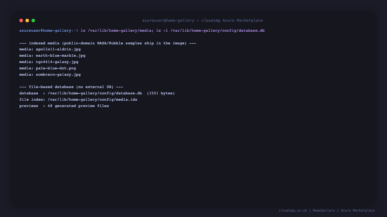 The indexed sample media and the file based database on disk, with the generated preview files - no external database