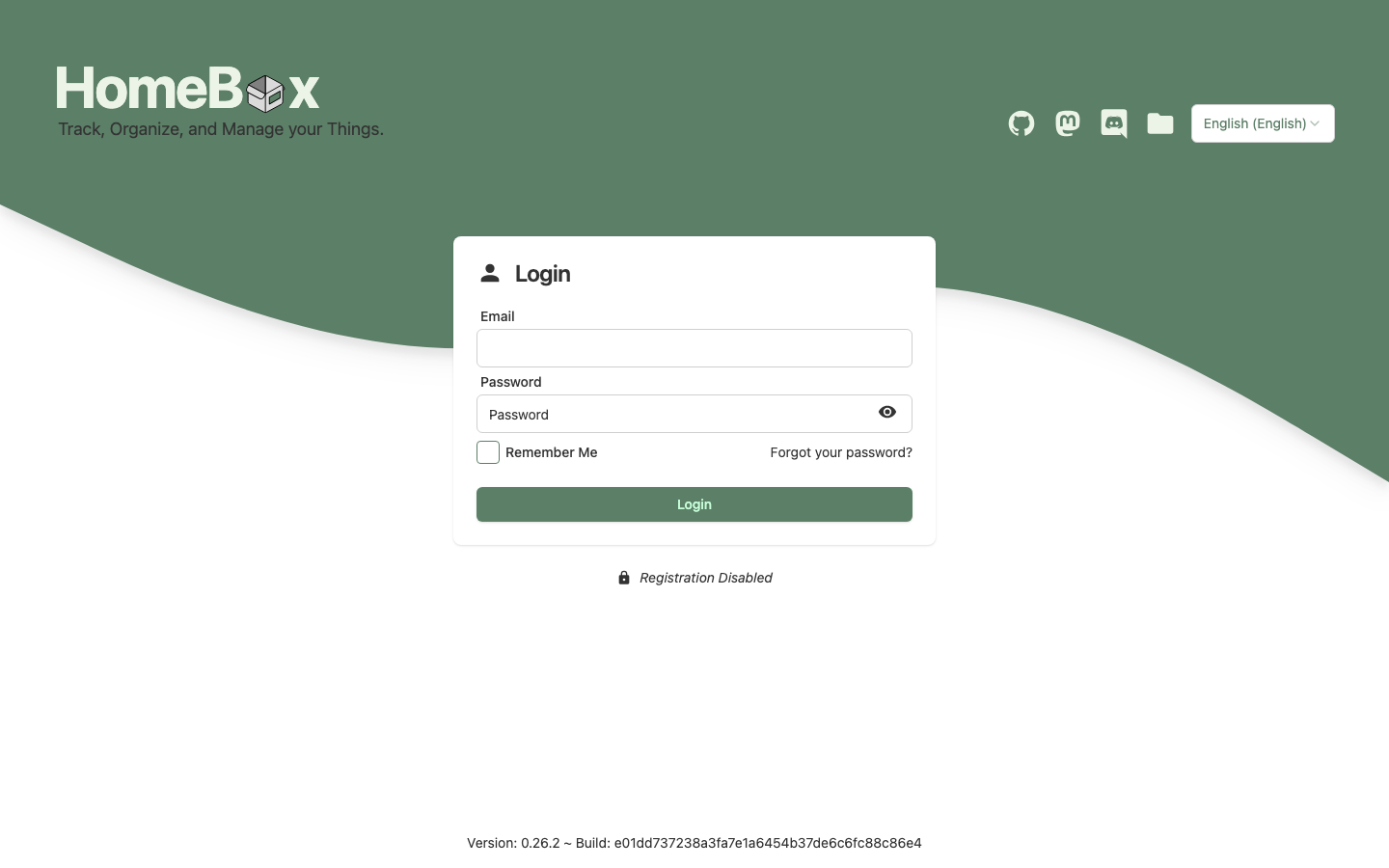 The Homebox sign-in page with Email and Password fields, a Login button and the note Registration Disabled below the form