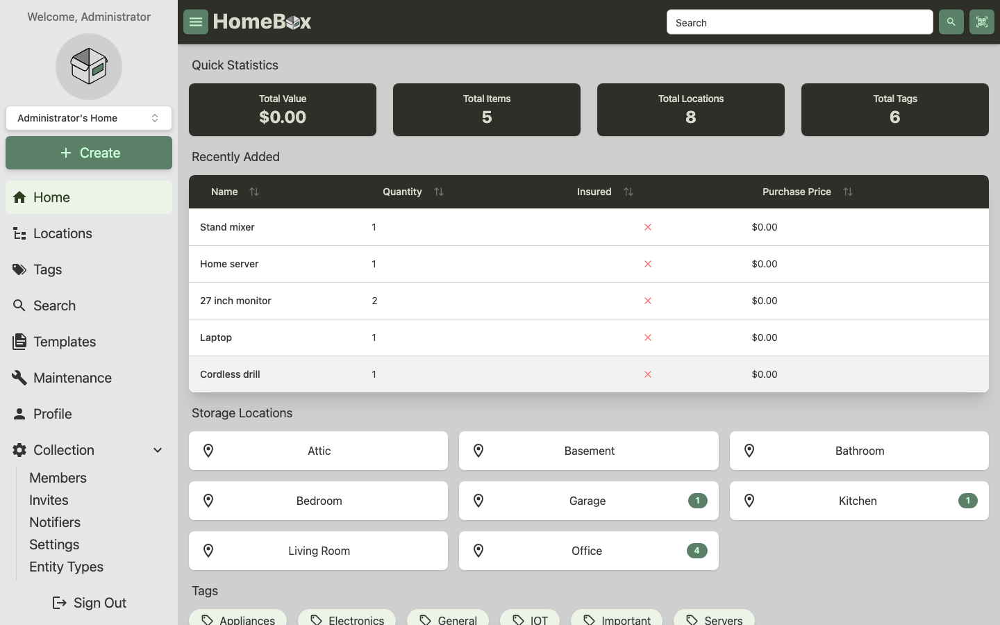The Homebox home page: quick statistics for total value, items, locations and tags, a Recently Added table with five items, and the storage locations Attic, Basement, Bathroom, Bedroom, Garage, Kitchen, Living Room and Office