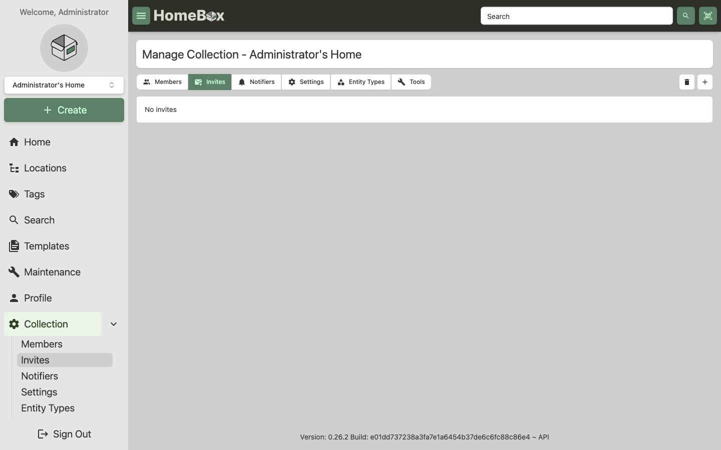 The Manage Collection page on the Invites tab, with the Members, Invites, Notifiers, Settings, Entity Types and Tools tabs and a plus button to create an invite