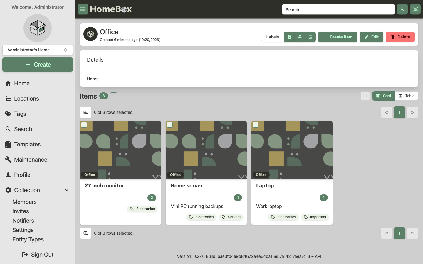 The Office location page listing three items as cards: a 27 inch monitor, a home server and a laptop, each with its quantity and tags