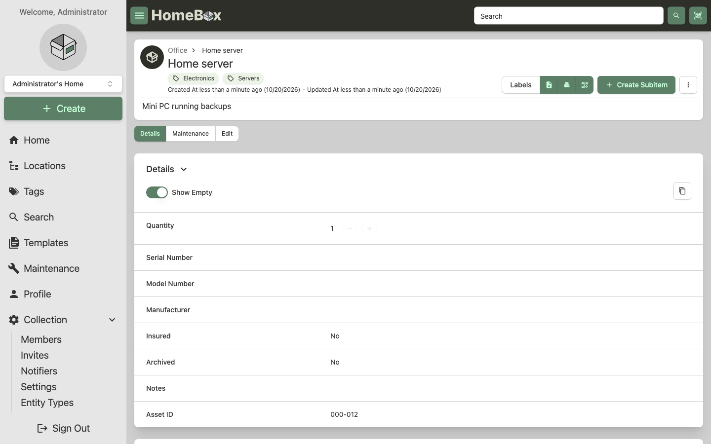 The Home server item page: its path Office, the tags Electronics and Servers, and the Details panel with quantity, serial number, model number, manufacturer, insured, archived, notes and asset ID