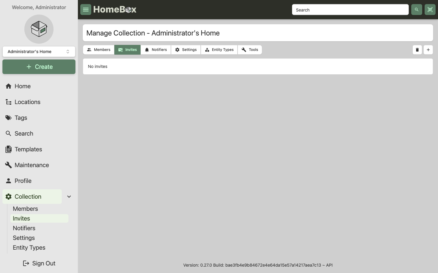 The Manage Collection page on the Invites tab, with the Members, Invites, Notifiers, Settings, Entity Types and Tools tabs and a plus button to create an invite