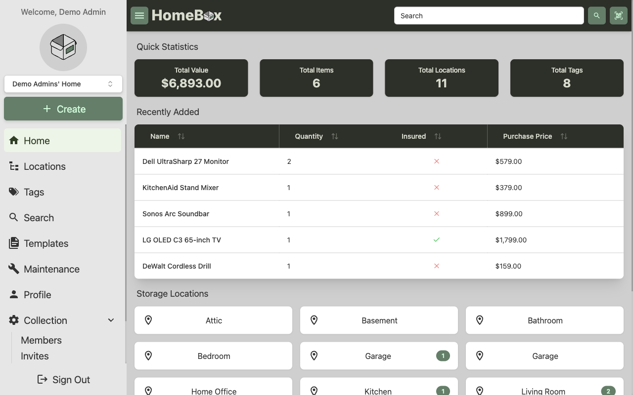 Homebox home dashboard