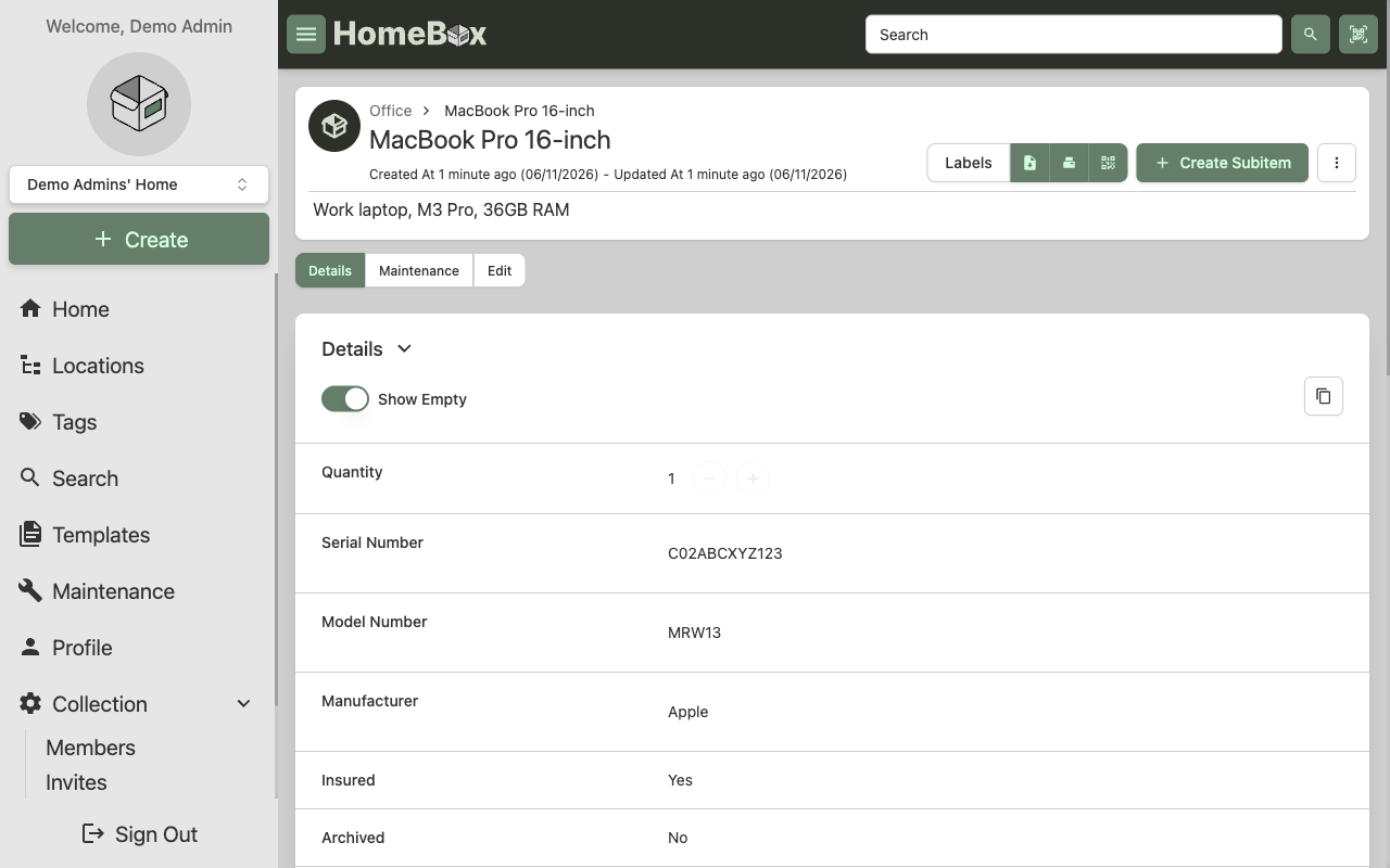 Homebox item detail