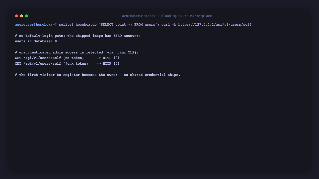 The no default login security gate: zero accounts and rejected unauthenticated access