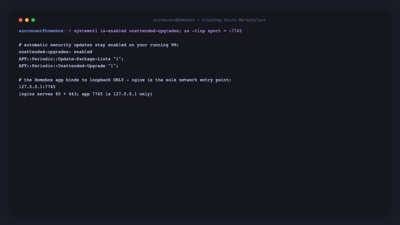 Automatic security updates enabled and the application bound to loopback only