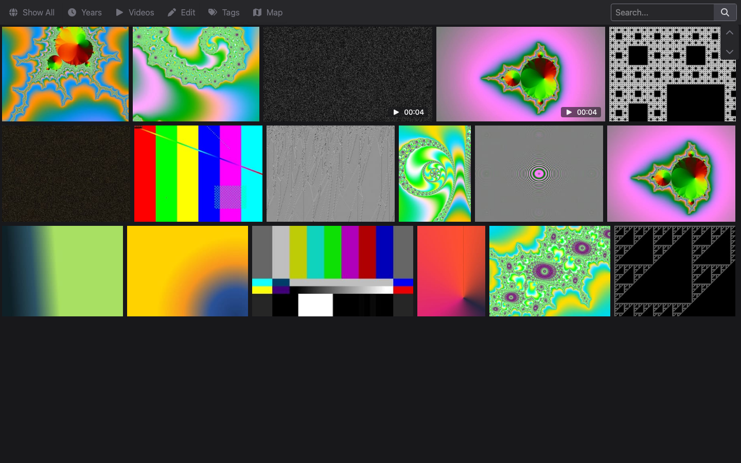 The HomeGallery gallery grid with the Show All, Years, Videos, Edit, Tags and Map menu and the search box, showing synthetic test images and two videos with their running time