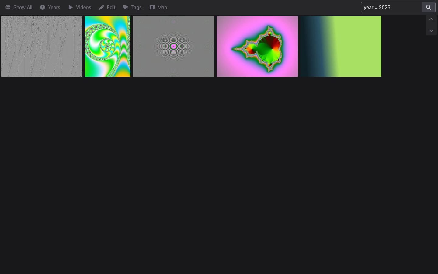 HomeGallery search results for the query year = 2025, showing the five images taken in 2025