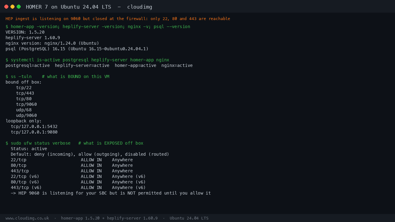 Terminal output showing homer-app 1.5.20, heplify-server 1.60.9, nginx 1.24.0 and PostgreSQL 16.15 installed with all four services active, the bound off box listeners being tcp 22, 80, 443 and 9060 plus udp 68 and 9060, the loopback only listeners for PostgreSQL 5432 and homer-app 9080, and the ufw status showing a default deny incoming policy that permits only 22, 80 and 443 so that HEP 9060 is listening but not reachable