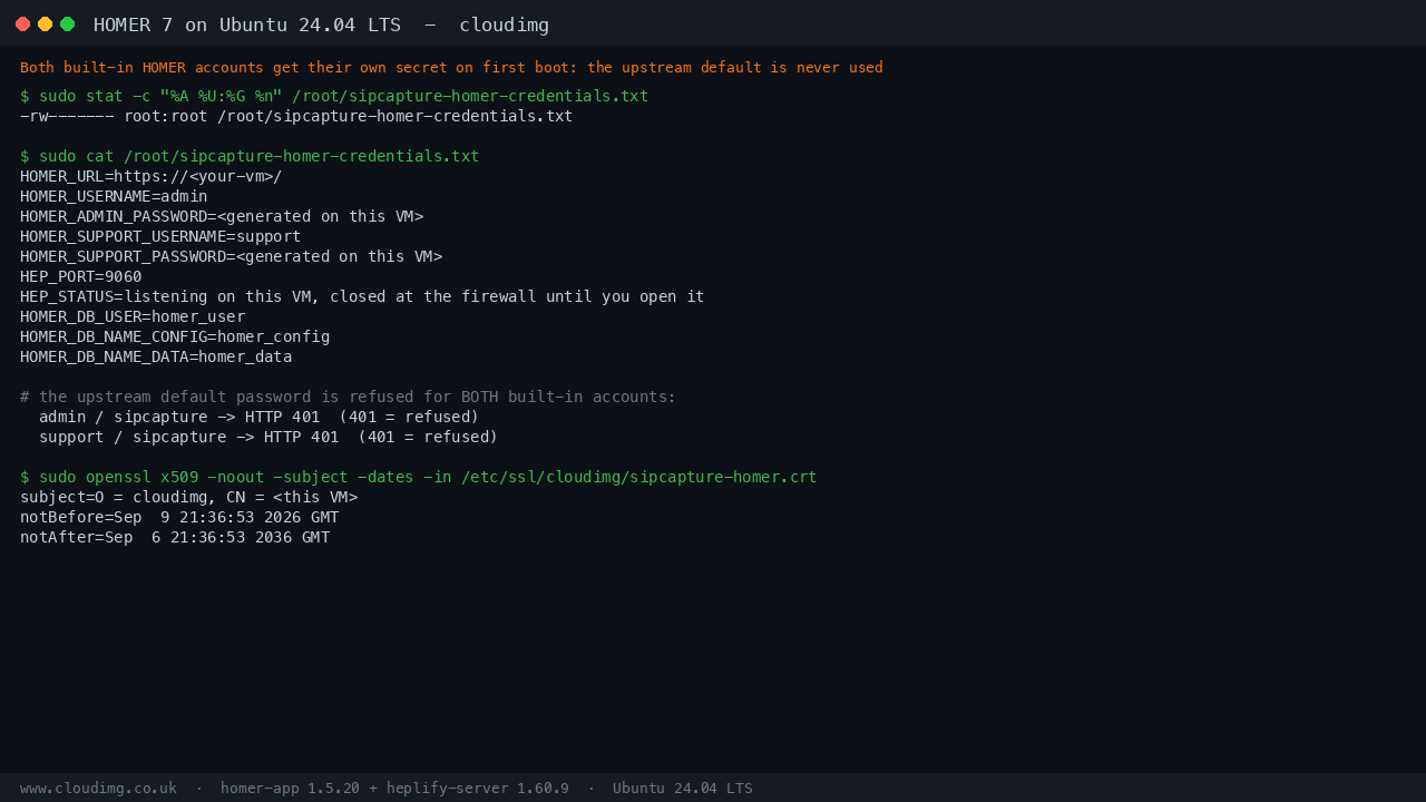 Terminal output showing the credentials file is mode 0600 owned by root, its contents listing the HOMER URL, the admin and support usernames with both passwords redacted and the HEP port status line, then a check proving the upstream default password sipcapture returns HTTP 401 for both the admin and support accounts, followed by the per VM TLS certificate subject and validity dates
