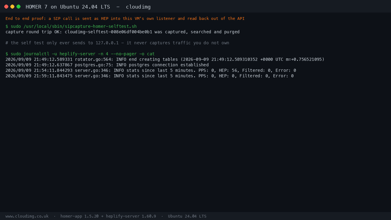 Terminal output of the HOMER self test showing a synthetic call being sent to the local HEP listener, retrieved back through the search API and then purged, followed by the last heplify-server journal lines confirming the postgres connection is established and the capture tables are in place