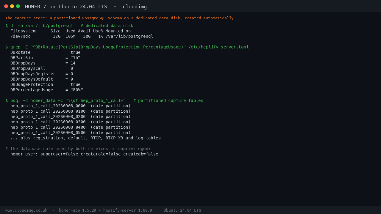 Terminal output showing the dedicated 32 gigabyte data disk mounted at /var/lib/postgresql, the heplify-server rotation settings with DBRotate true, one hour SIP partitions, a 14 day drop window and 80 percent usage protection, a listing of the partitioned hep_proto_1_call parent table with its date partitions, and confirmation that the homer_user database role is not a superuser and cannot create roles or databases