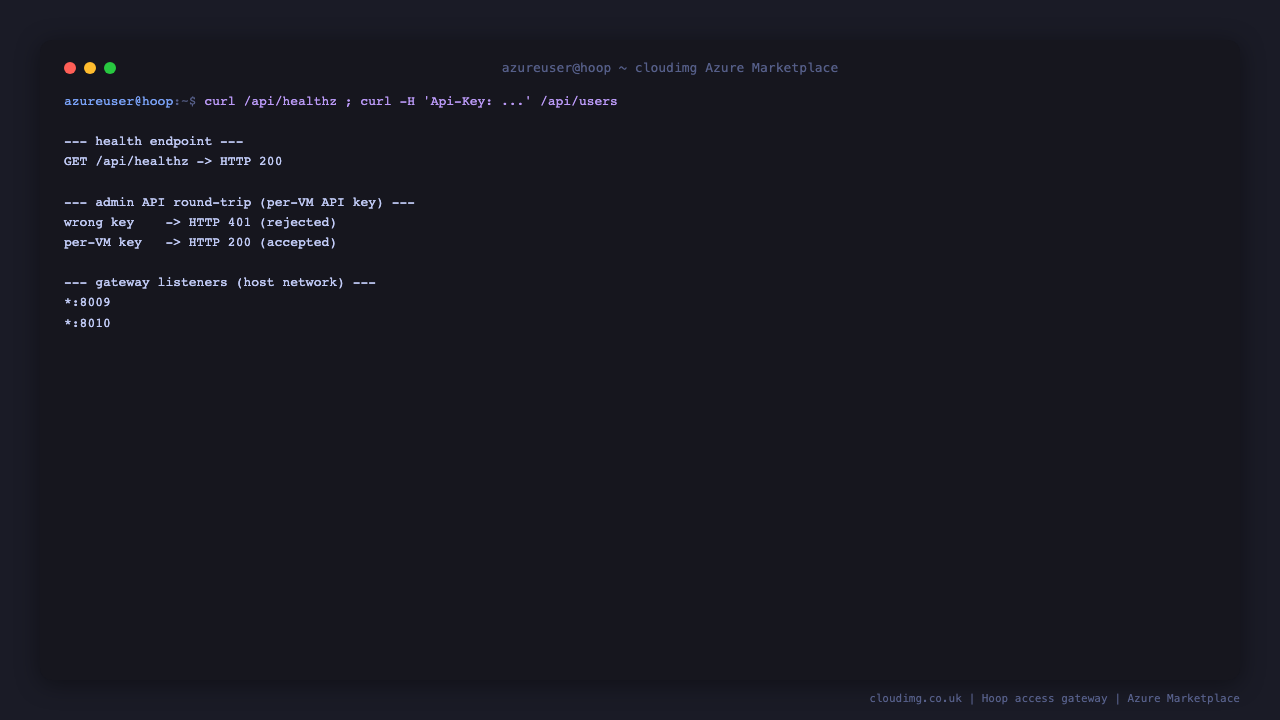 The Hoop health endpoint returning 200, the per-VM API key accepted on the admin API and a wrong key rejected, with the gateway listening on 8009 and 8010